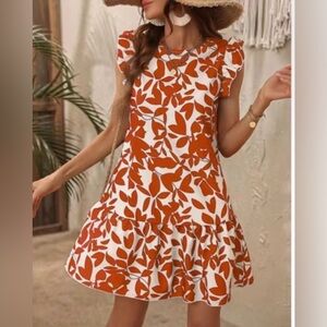 DREIMP Orange and White Floral Print Ruffle Cap Sleeve Mini Dress